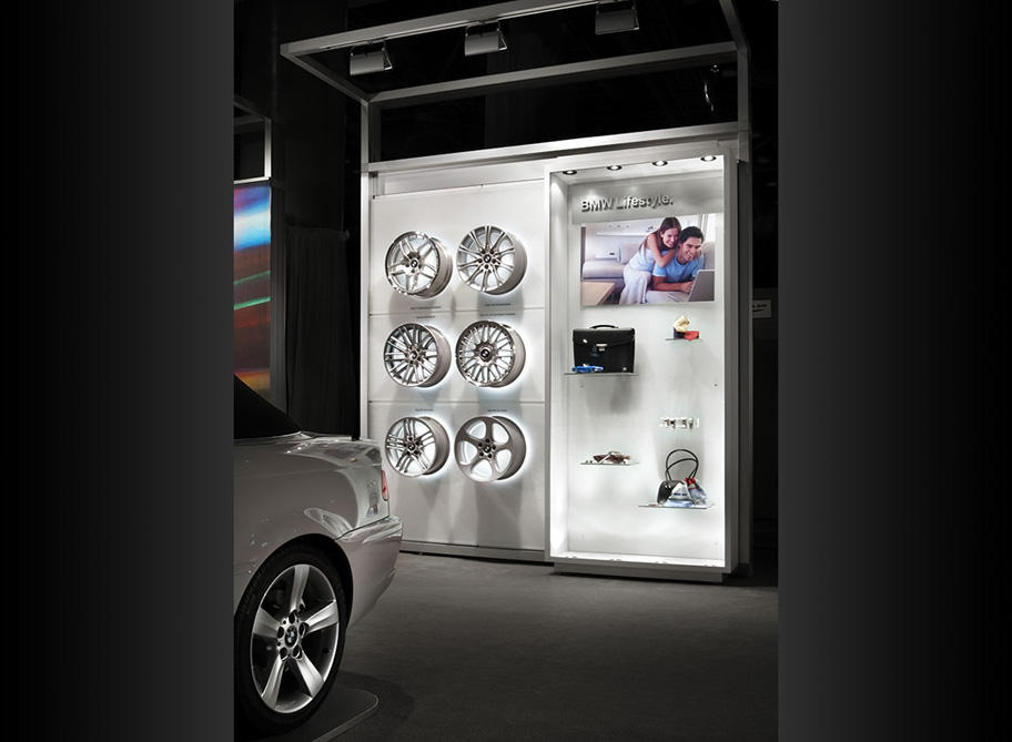 Choices in accessories and finishes were presented in well-lit and integrated display cases in the BMW exhibit.