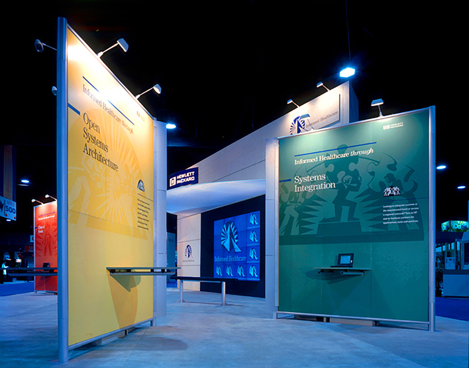 Big, bold colorful panels defined product areas within the Hewlett-Packard exhibit.